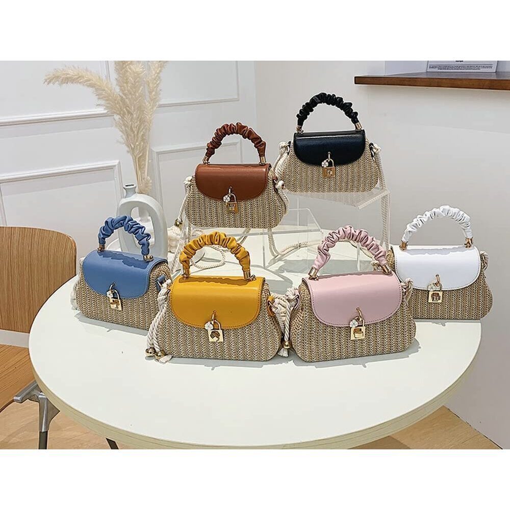 8870 Straw Crossbody Bag Hand Woven Shoulder Bag Leather Top Handle Small - Picture 3 of 8